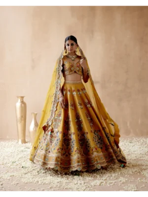 Aman Takyar - Mustard dupion silk lehenga set with floral thread embroidery - Image 4