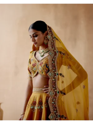Aman Takyar - Mustard dupion silk lehenga set with floral thread embroidery - Image 5
