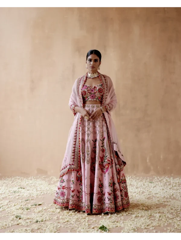 Aman Takyar - Pink raw silk lehenga set with floral thread embroidery