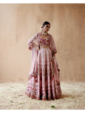 Aman Takyar - Pink raw silk lehenga set with floral thread embroidery - Image 2