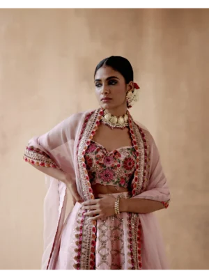 Aman Takyar - Pink raw silk lehenga set with floral thread embroidery - Image 3