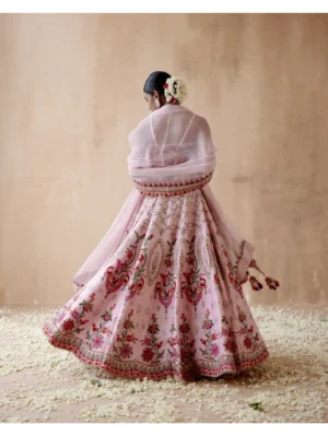 Aman Takyar - Pink raw silk lehenga set with floral thread embroidery - Image 4