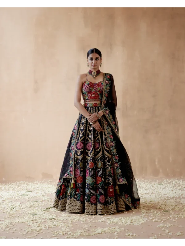 Aman Takyar - Black raw silk lehenga set with floral thread embroidery