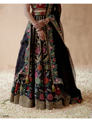 Aman Takyar - Black raw silk lehenga set with floral thread embroidery - Image 2