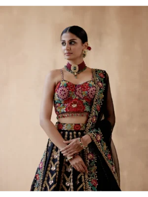 Aman Takyar - Black raw silk lehenga set with floral thread embroidery - Image 3