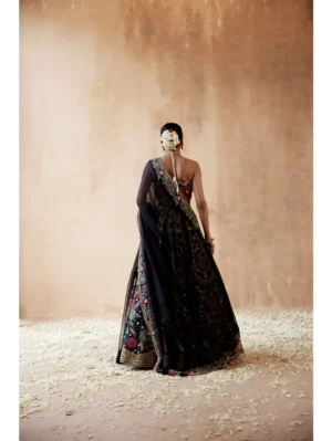Aman Takyar - Black raw silk lehenga set with floral thread embroidery - Image 4