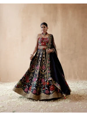 Aman Takyar - Black raw silk lehenga set with floral thread embroidery - Image 5