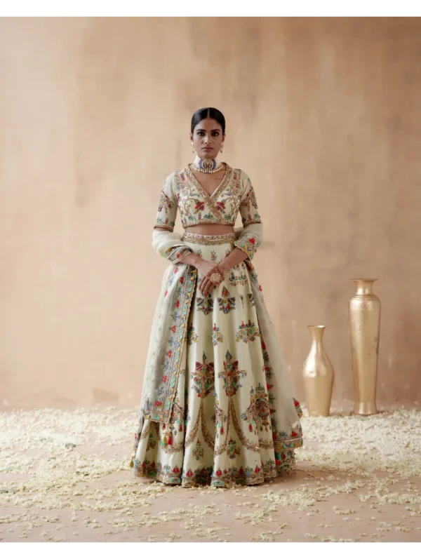 Aman Takyar - Mint green dupion silk lehenga set with floral thread embroidery