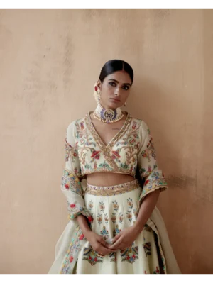 Aman Takyar - Mint green dupion silk lehenga set with floral thread embroidery - Image 5