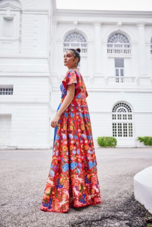 The Royaleum - RED JACKET SET INSPIRED BY SHIKARGAH PATTERN WITH FLORAL AND ANIMAL MOTIF - Image 3