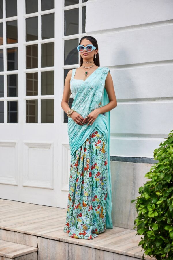 The Royaleum - SEA BLUE SHIKARGAH SAREE EMBROIDERED BLOUSE HAVING INTRICATE DETAILS
