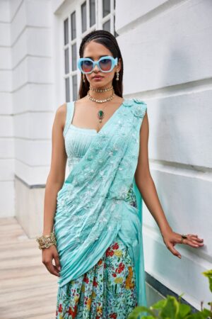 The Royaleum - SEA BLUE SHIKARGAH SAREE EMBROIDERED BLOUSE HAVING INTRICATE DETAILS - Image 2