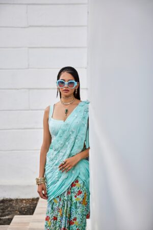 The Royaleum - SEA BLUE SHIKARGAH SAREE EMBROIDERED BLOUSE HAVING INTRICATE DETAILS - Image 4