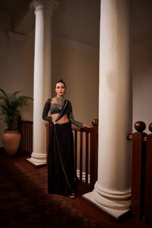 The Royaleum - BLACK DRAPE SAREE ADORNED WITH INTRICATE METALLIC MATERIALS - Image 2