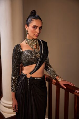The Royaleum - BLACK DRAPE SAREE ADORNED WITH INTRICATE METALLIC MATERIALS - Image 5