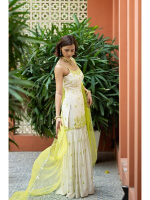 Esha Koul-  Offwhite Green Embroidered Sharara Lavinder Sharara - Image 2