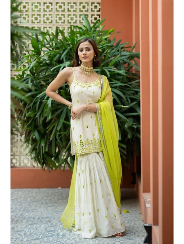 Esha Koul-  Offwhite Green Embroidered Sharara Lavinder Sharara