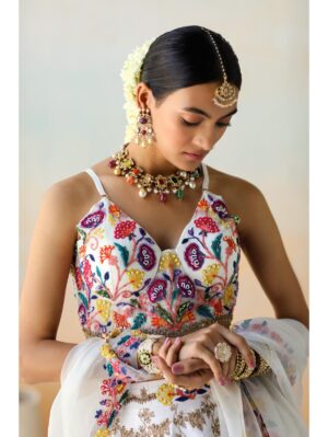 Aman Takyar - white lehenga set in raw silk base featuring mutli-colored floral thread embroidery - Image 4