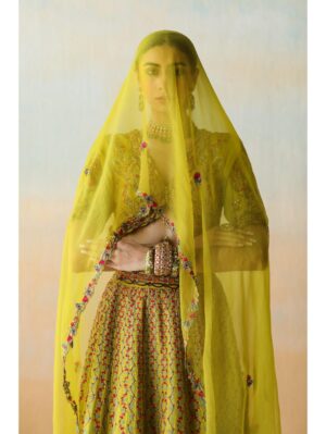 Aman Takyar - lime green lehenga set in dupion silk base featuring floral thread embroidery - Image 4