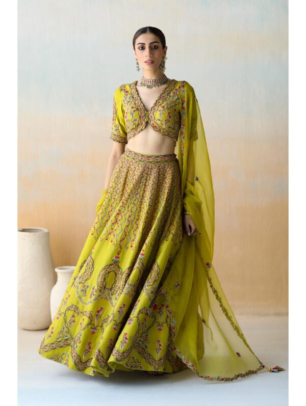 Aman Takyar - lime green lehenga set in dupion silk base featuring floral thread embroidery