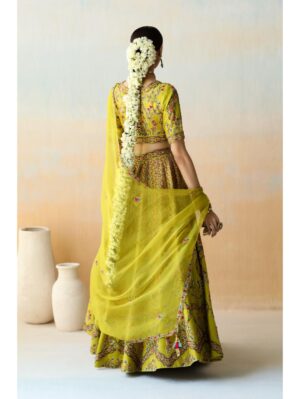 Aman Takyar - lime green lehenga set in dupion silk base featuring floral thread embroidery - Image 2