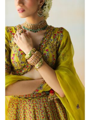 Aman Takyar - lime green lehenga set in dupion silk base featuring floral thread embroidery - Image 3