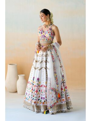 Aman Takyar - white lehenga set in raw silk base featuring mutli-colored floral thread embroidery - Image 5
