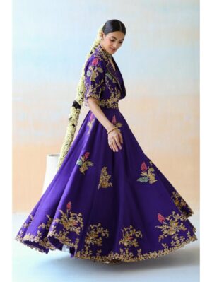 Aman Takyar - Purple lehenga set in dupion silk base featuring mutli-colored floral thread embroidery - Image 2