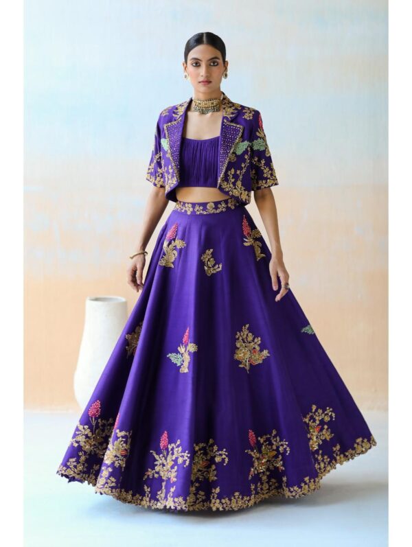 Aman Takyar - Purple lehenga set in dupion silk base featuring mutli-colored floral thread embroidery