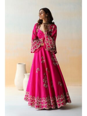 Aman Takyar - fuchsia pink lehenga and blouse in dupion silk base and embroidered georgette cape - Image 5
