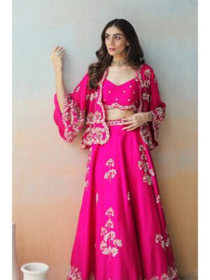 Aman Takyar - fuchsia pink lehenga and blouse in dupion silk base and embroidered georgette cape - Image 2