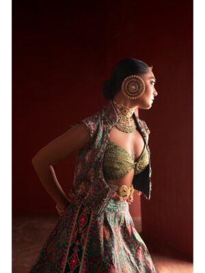 Aditi Gupta - Dark Green Jamawar lehenga set featuring organza bralette blouse and a collared Jamawar jacket - Image 2