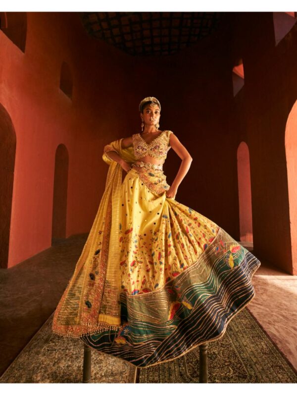 Aditi Gupta - Yellow Paithani Silk fabric featuring beautiful deep V- neck blouse