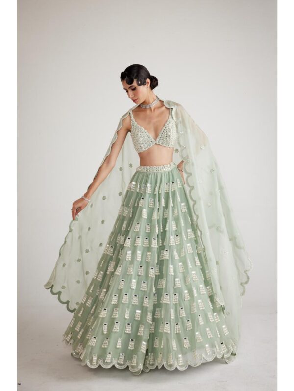 Vvani Vats - Powder Mint Green Chandelier Drop Lehenga Set