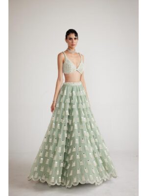 Vvani Vats - Powder Mint Green Chandelier Drop Lehenga Set - Image 2