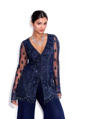 Sanya Gulati - MIDNIGHT BLUE TONAL EMBROIDERED KURTA AND PANTS - Image 4