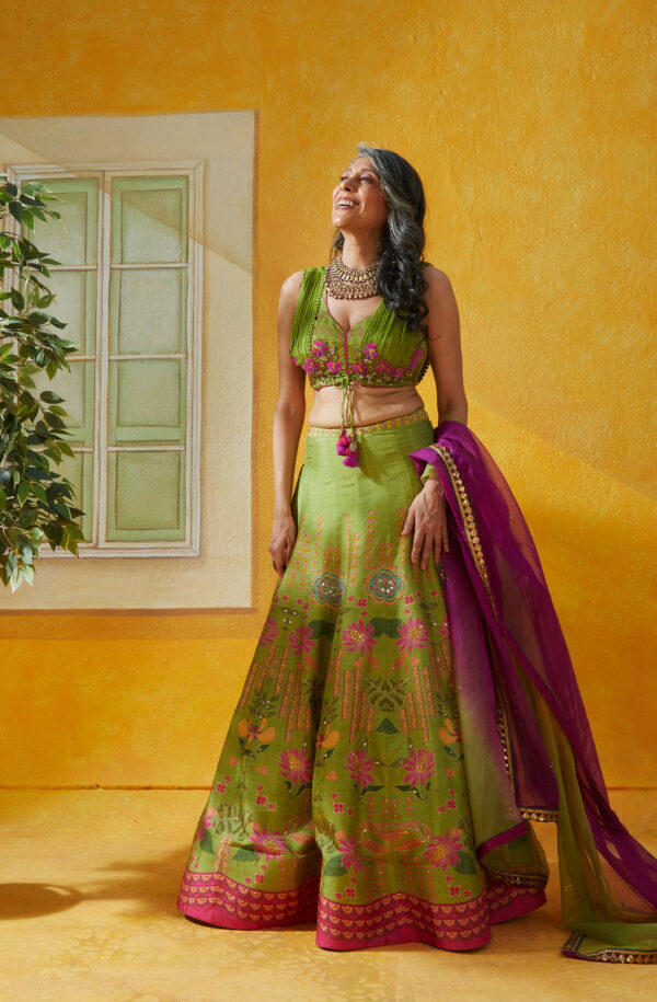 Basil Leaf -  PRINTED LEHENGA AND CHIFFON EMBELLISHED CHOLI  WITH OMBRE DUPATTA.