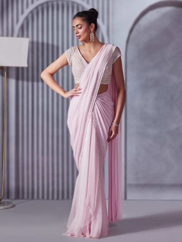 Pritika Vora - Pastel Pink Saree With Crystal Border