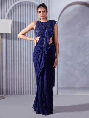 Pritika Vora -Indigo Ruffle Saree with Incut Blouse Set - Image 4