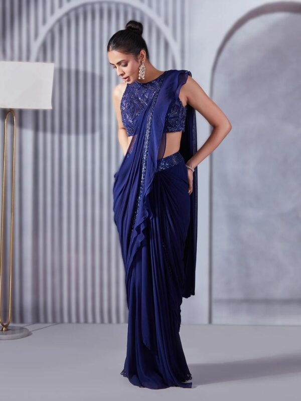 Pritika Vora -Indigo Ruffle Saree with Incut Blouse Set