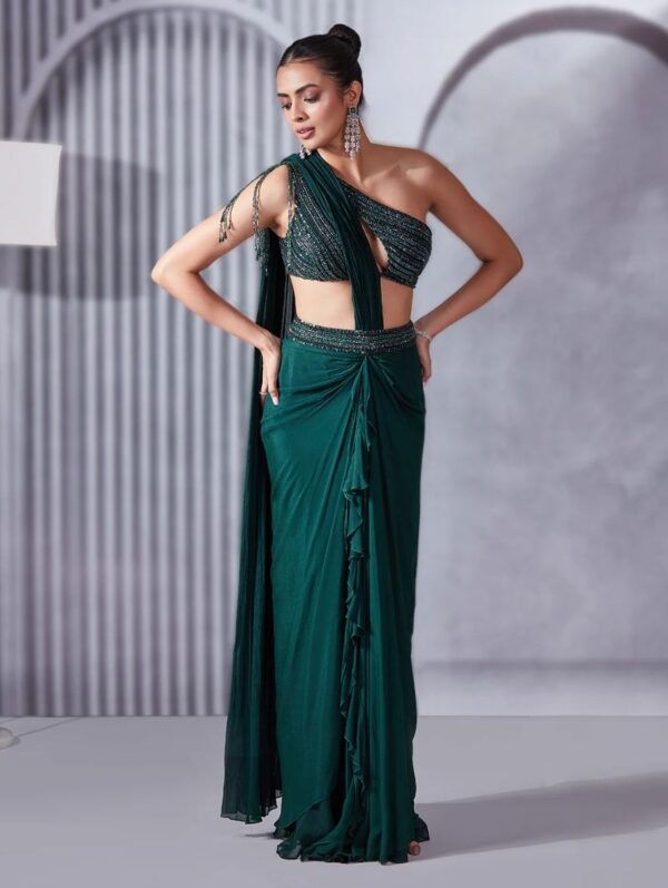Pritika Vora - Forest Green One-shoulder Draped Saree Set