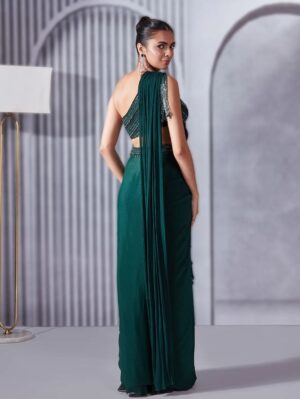 Pritika Vora - Forest Green One-shoulder Draped Saree Set - Image 2