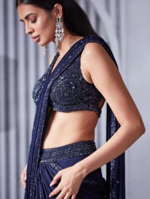 Pritika Vora - Midnight Blue Sequin Saree Set - Image 3