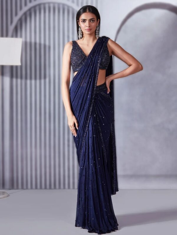 Pritika Vora - Midnight Blue Sequin Saree Set