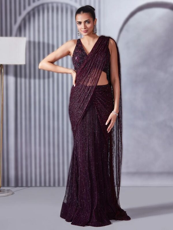Pritika Vora - Deep Wine Hand Embroidered Saree Set