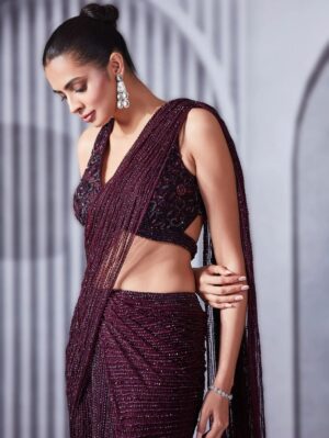 Pritika Vora - Deep Wine Hand Embroidered Saree Set - Image 2