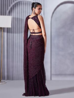 Pritika Vora - Deep Wine Hand Embroidered Saree Set - Image 3