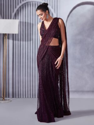 Pritika Vora - Deep Wine Hand Embroidered Saree Set - Image 4