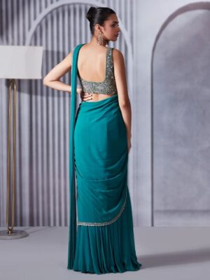 Pritika Vora - Turquoise Pre Draped Saree Set - Image 2