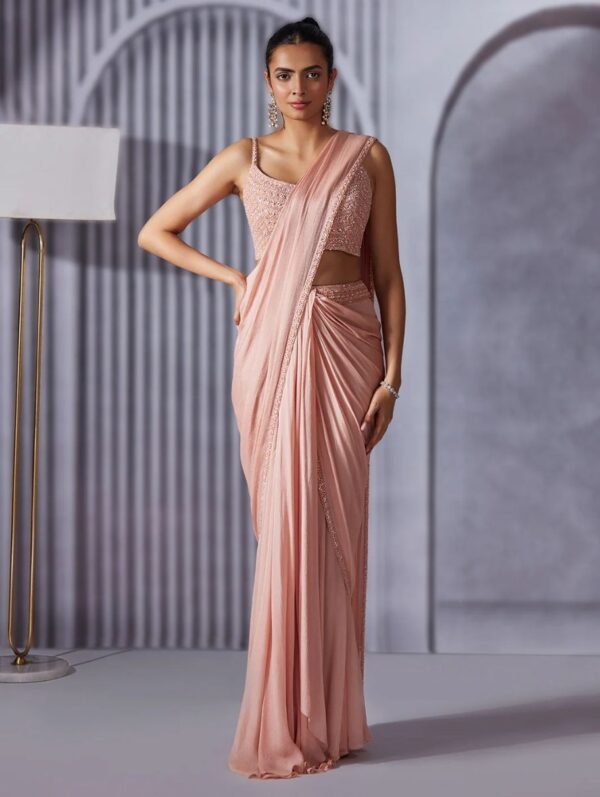 Pritika Vora - Onion Pink Pearl Embroidered Pre Draped Saree Set